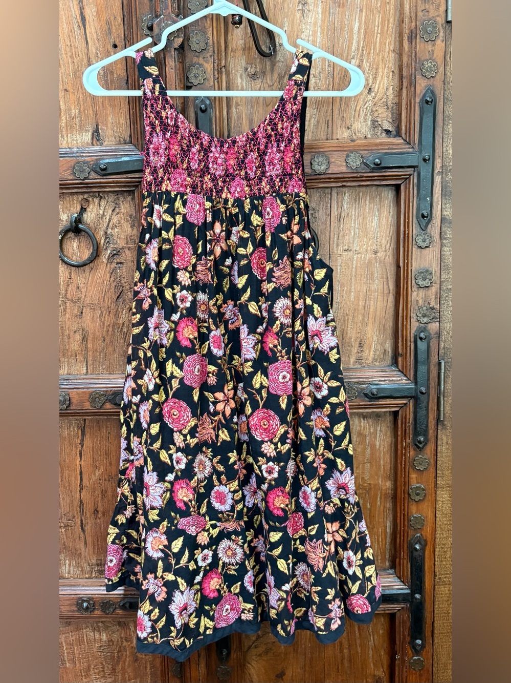 Free People Oh Baby Floral Mini Dress Black Pink Smocked Size Small